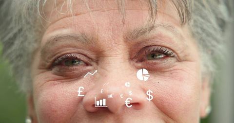 Senior woman close-up with finance icons overlay revealing natural facial texture