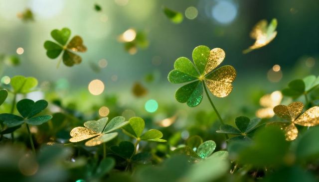Glittering four-leaf clover glowing above shamrock meadow with golden bokeh highlights