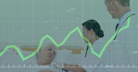 Medical team monitoring patient with green analytics graph overlay for healthcare insights