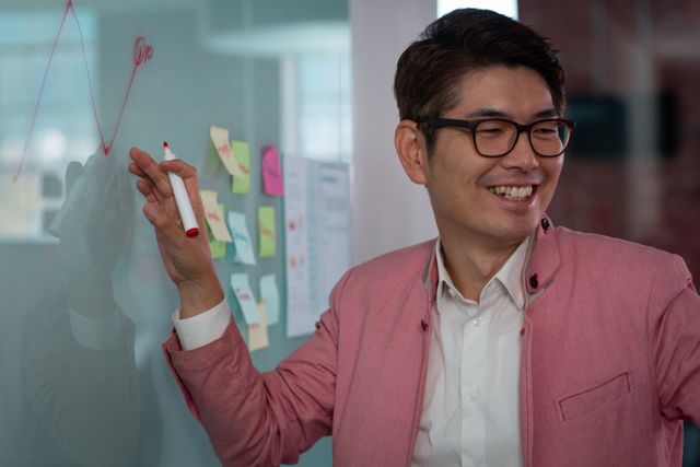 Smiling asian businessman brainstorming, writing notes on glass wall in office. working in business at a modern office.