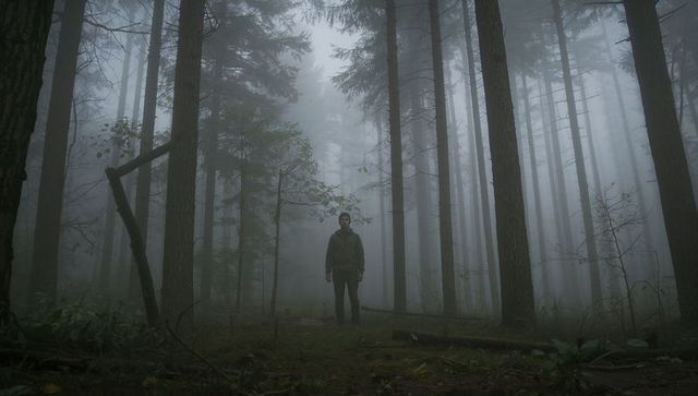 Solitary man standing in misty pine forest, moody fog and desaturated solitude
