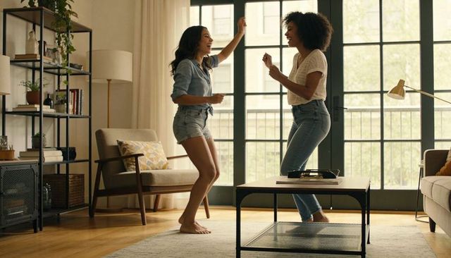 Sunlit living room dance two friends dancing barefoot in casual summer clothes, joyful