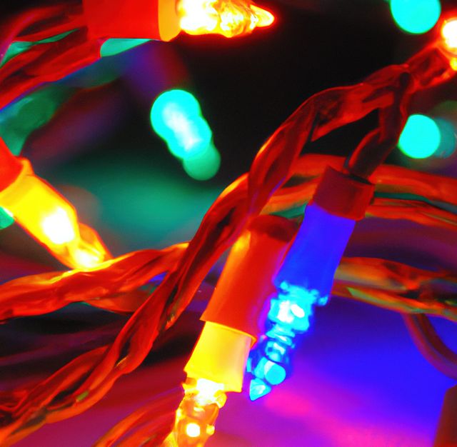 Ideal for holiday-themed content, this bright image of colorful, glowing Christmas lights twisted around each other can be used in advertising holiday events, decorating ideas, or festive promotions. Perfect for web banners, social media posts, or holiday greeting cards.