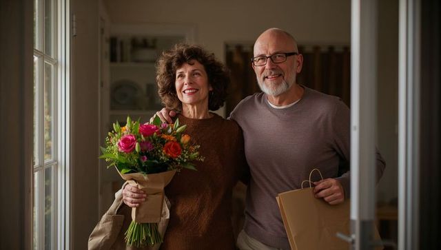 Senior couple embracing in doorway arriving home with bouquet and gift bag smiling