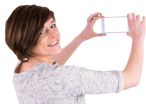 Transparent Woman Smiling While Taking Smartphone Selfie