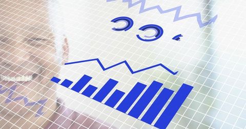 Futuristic Transparent Data Dashboard Showing Blue Bar Chart, Line Chart and Gauges