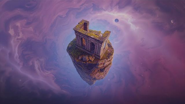 Ancient ruins on floating island amidst nebula and planets