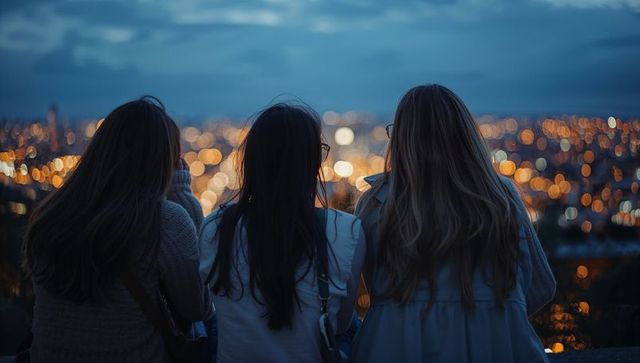 Three friends watching city lights at dusk overlook silhouettes urban nightscape reflective moment
