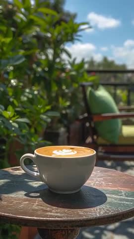 Sunlit latte art sitting on balcony table surrounded by lush green plants — vertical video