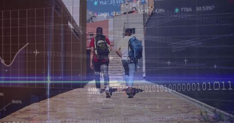 men walking through digital coding overlay on street - Download Free Stock Images Pikwizard.com