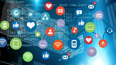 Global Networking with Social Media and Technology Icons Overlay