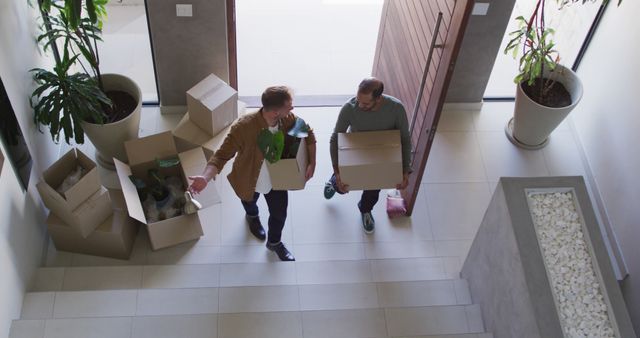 Two Men Carrying Boxes While Moving into New Home - Download Free Stock Images Pikwizard.com