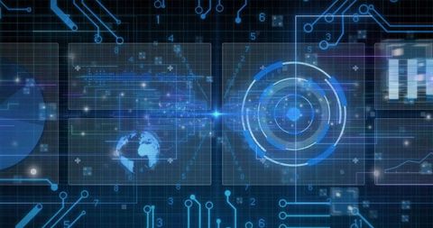 Futuristic Digital Interface with Circuits and Data Visualization