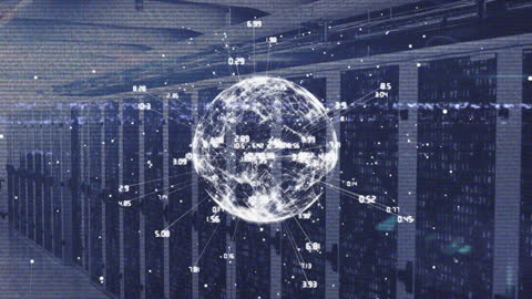 Holographic Globe Overlay in Modern Server Room Connecting Data