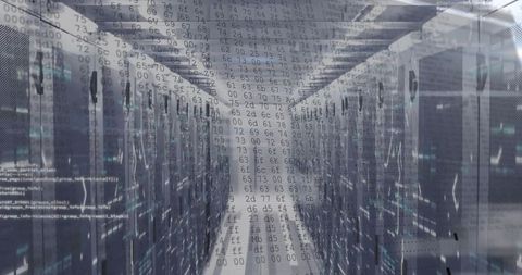 Data Center Interior with Technology Overlays Showcasing Cyberspace