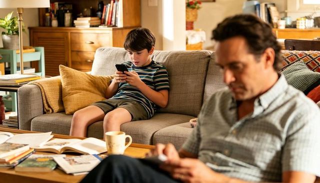 Father and son using smartphones while relaxing on couch in cozy family living room