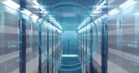 Accessing high-tech data center server aisle with HUD overlay, cooling cabinets, symmetry
