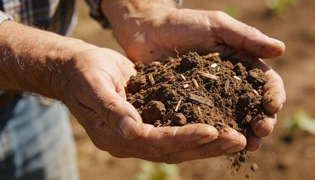 Holding crumbly fertile soil in weathered hands on rustic farm field