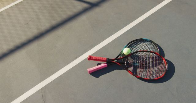 Image of tennis ball and rackets lying on tennis court. professional tennis training, sport and competition concept.
