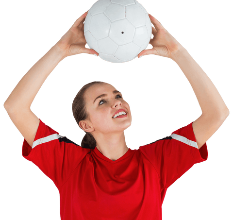 Transparent background of happy female football player holding ball up
