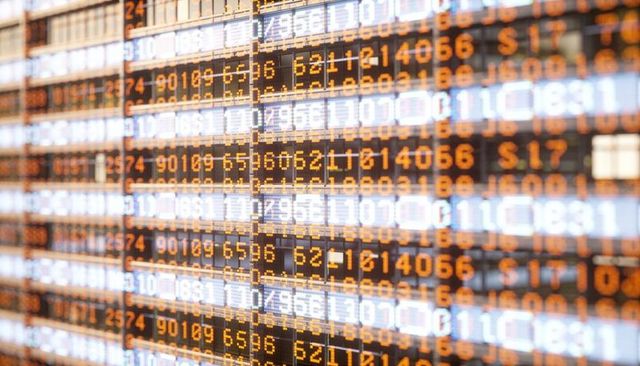Scrolling led numeric matrix display featuring orange alphanumeric ticker for finance data