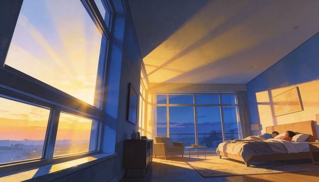 Couple resting in sunlit highrise bedroom during golden hour minimalist cozy interior