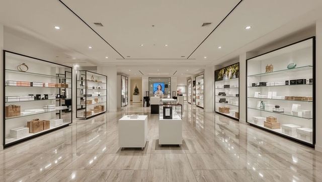 Luxury boutique interior showcasing symmetrical marble floors with white pedestals and glass cases