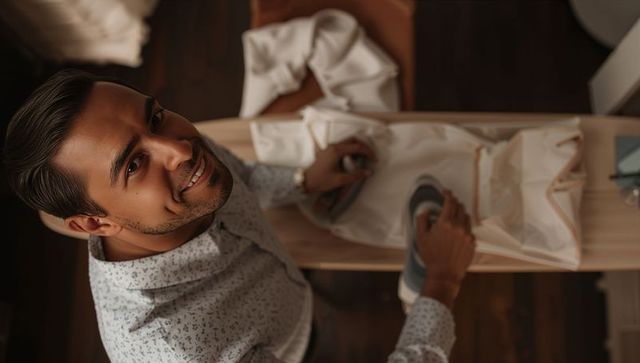 Smiling man ironing patterned shirt on ironing board in cozy bedroom lifestyle scene