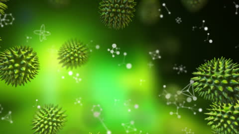 Floating Covid-19 Cells with Molecular Structures on Green Background