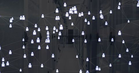 User node network overlaying data center corridor with server racks and digital connectivity