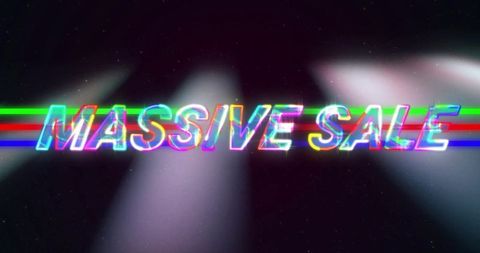 Vibrant glitch effect on massive sale text with dark background