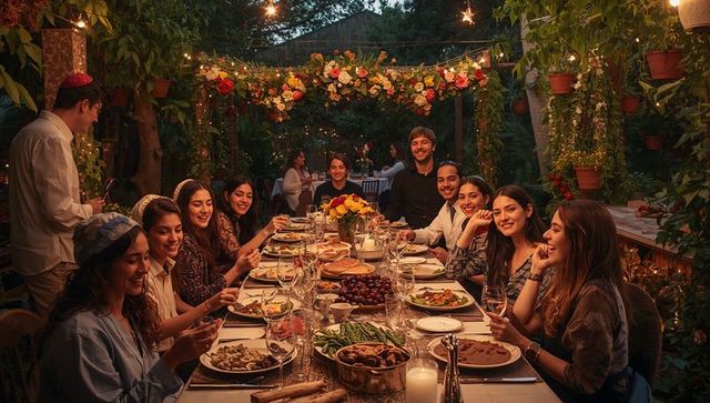 Friends sharing alfresco dinner under floral pergola with string lights and candlelight