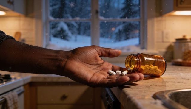 Man pouring prescription pills into hand on kitchen counter with snowy window