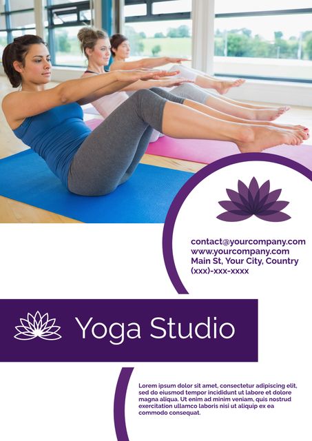 Flyer showcasing a yoga studio with individuals practicing yoga poses on mats. It can be used to promote wellness retreats, yoga workshops, and fitness classes.