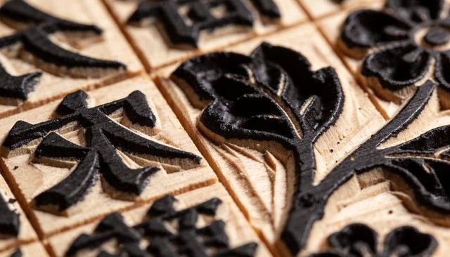 Macro of carved wooden block printing plate with glossy black floral and kanji relief