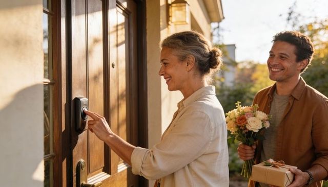 Mature woman ringing smart doorbell while partner holds bouquet and gift at home porch