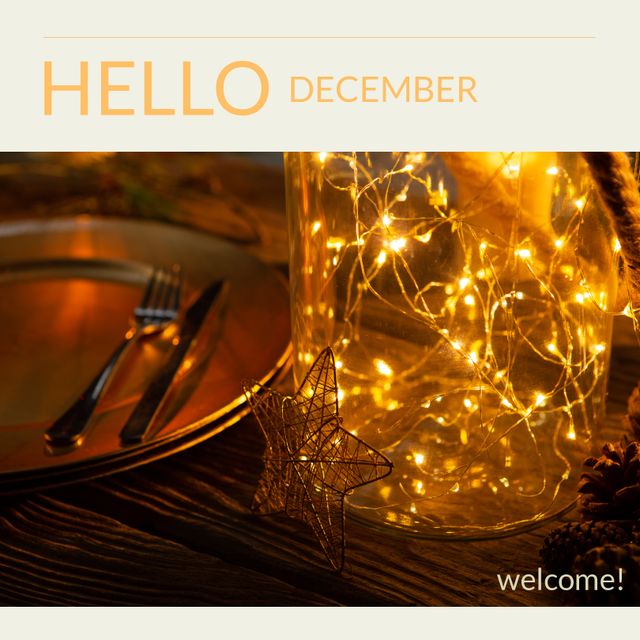 Composition of hello december text over lights and plates. Winter and celebration concept digitally generated image.