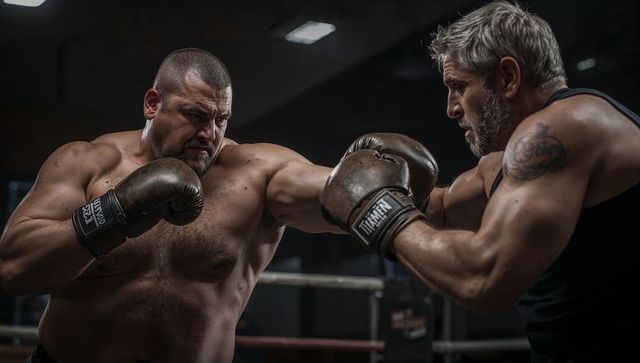 Muscular boxer delivering powerful punch during intense sparring with grey-bearded fighter