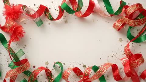 Festive red and green ribbon frame with cascading confetti and twirling pom-poms video loop