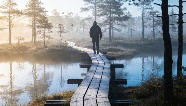 Man walking on misty bog boardwalk at sunrise, solitude and wetland reflection