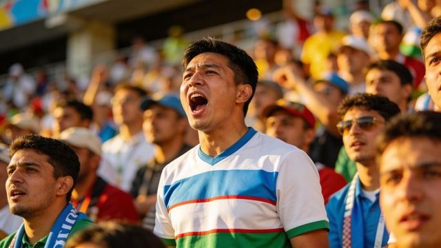 Passionate football fan shouting in sunlit stadium crowd wearing blue white striped jersey