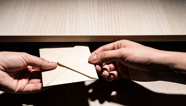 Hands Passing Sealed Envelope Through Counter Slot Casting Strong Shadow, Confidential Handover