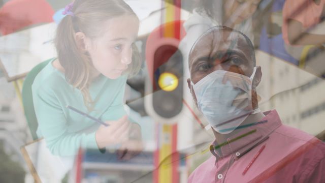 This composition juxtaposes an urban scene with an African American man wearing a face mask alongside a Caucasian girl concentrating on studying in a colorful, scholastic environment. Use this image to demonstrate the contrasts and interactions between daily life during a pandemic and the focus on education among different communities.