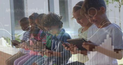 Children Using Tablets Smartphones for Digital Learning Outdoors