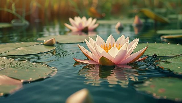 Peaceful cotton candy waterlilies floating in sunlit pond