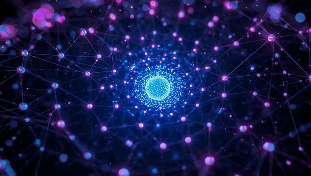 Neon particle sphere emitting filaments and magenta nodes for futuristic network visual