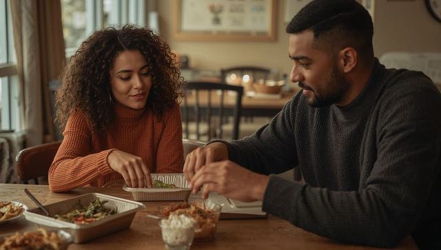 Young couple sharing cozy takeout dinner at home reaching into aluminum containers