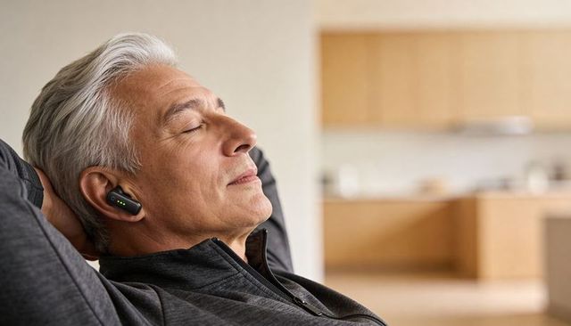 Senior man relaxing with wireless earbud at home listening to music and meditation