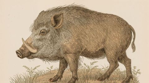 Vintage wild boar illustration on meadow