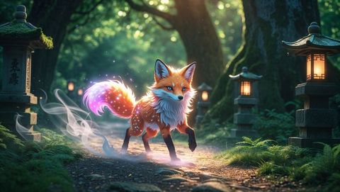 Mystical fox walking through enchanted forest path